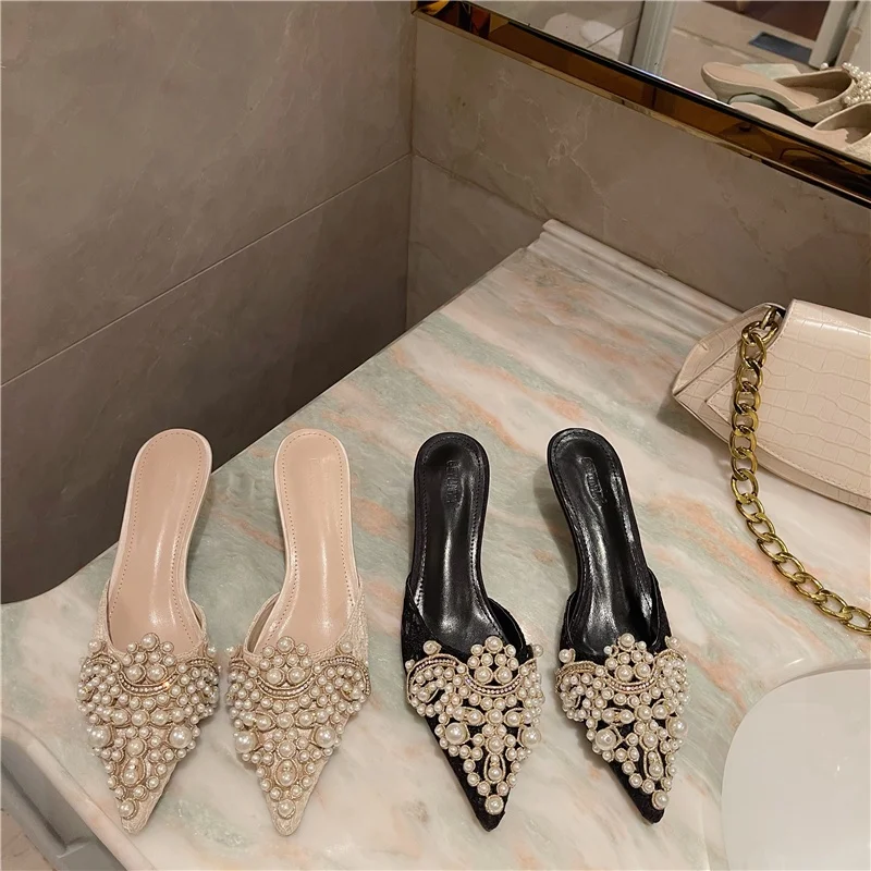 

101785 DEleventh woman shoes new designer heels for ladies popular pointed toe shoes ladies heels luxury pearls heels in stock