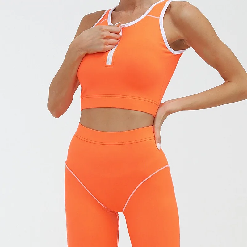 

BBZC2440 Fluorescent orange Factory hot sale summer new products Bra and pants stitching women's yoga suit breathable cozy set