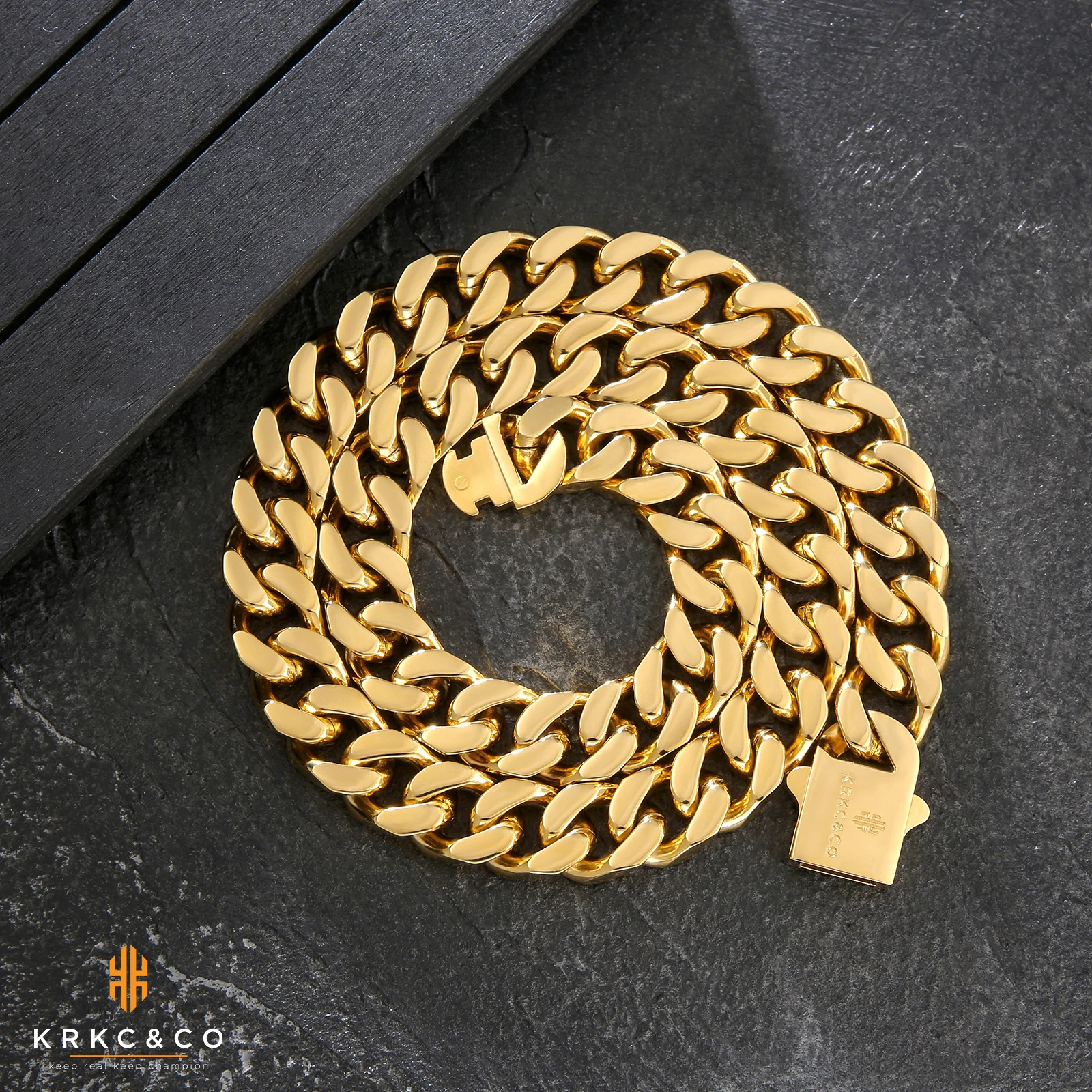

KRKC Drop Shipping 1pcs Service 12mm 14mm 18K Gold Plated Spring Buckle Clasp Miami Stainless Steel Curb Cuban Link Chain