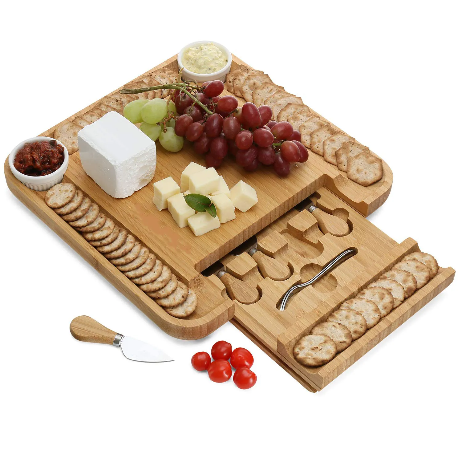 

Bamboo Cheese Board with Cutlery Set, Wood Charcuterie Platter and Serving Meat