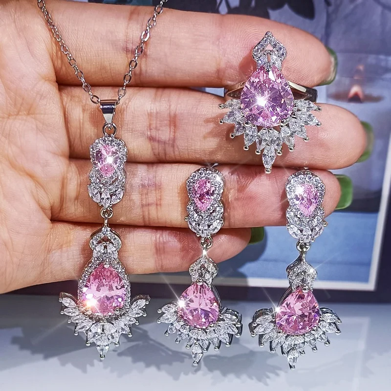 

New Fashion Pink Zircon Jewelry Set Shiny and Bright Tassel Zircon Earrings Ring Necklace Bridal Jewelry Wedding Jewelry, Picture shows