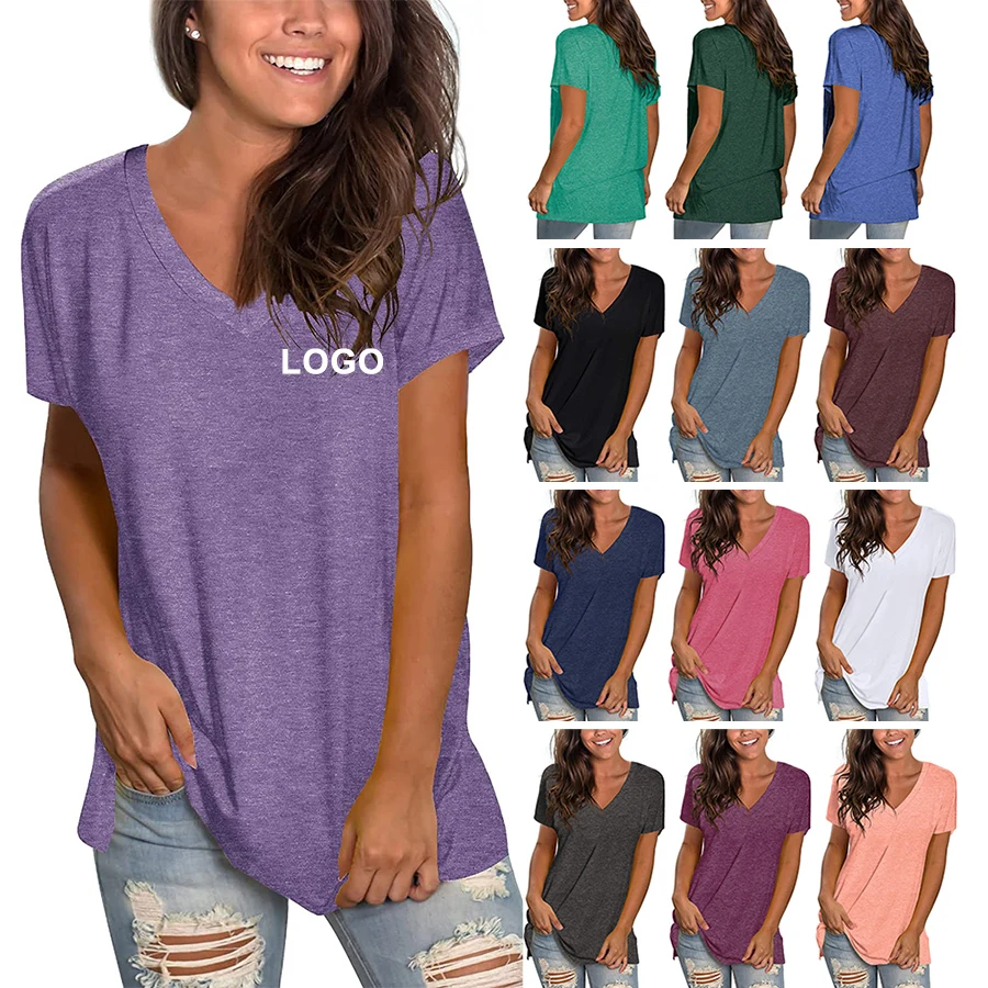 

Wholesale women T Shirts Basic V Neck Tee Loose Fitting Casual Short Sleeve Tops tshirt, 14 colors or oem