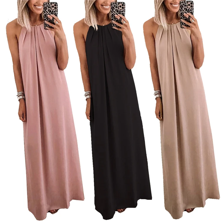 

DUODUOCOLOR Fashion summer long dress 2021 no sleeve halter sexy pure color casual patchwork dress D97733