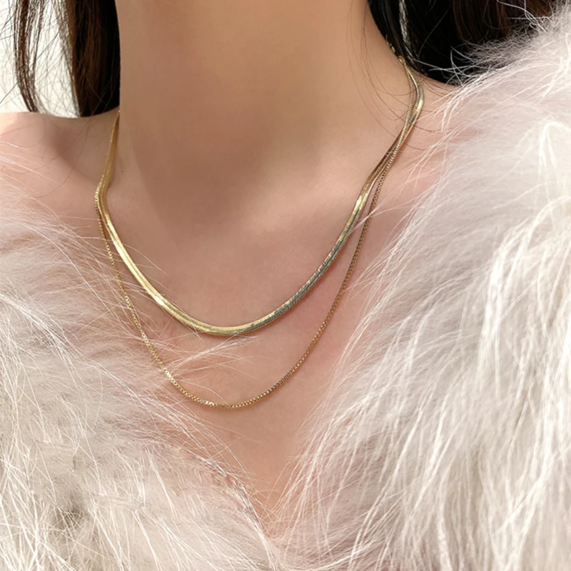 

Fashion Vintage Double Layer Stainless Steel Necklace Chunky Chain Necklaces Jewelry For Women Multi-Layered Snake Chain