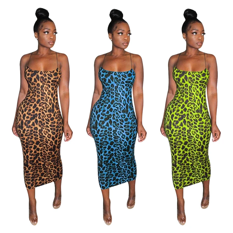 

Yuehui Leopard Bodycon Party Dress 2020 Sexy Women Sleeveless Strap Slim Clubwear Dress Women Summer