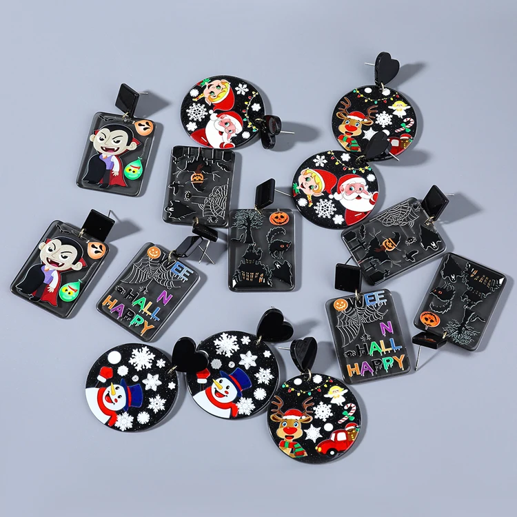 

Halloween holiday party accessories round rectangle geometric pendant earrings ladies color pattern letter resin earrings