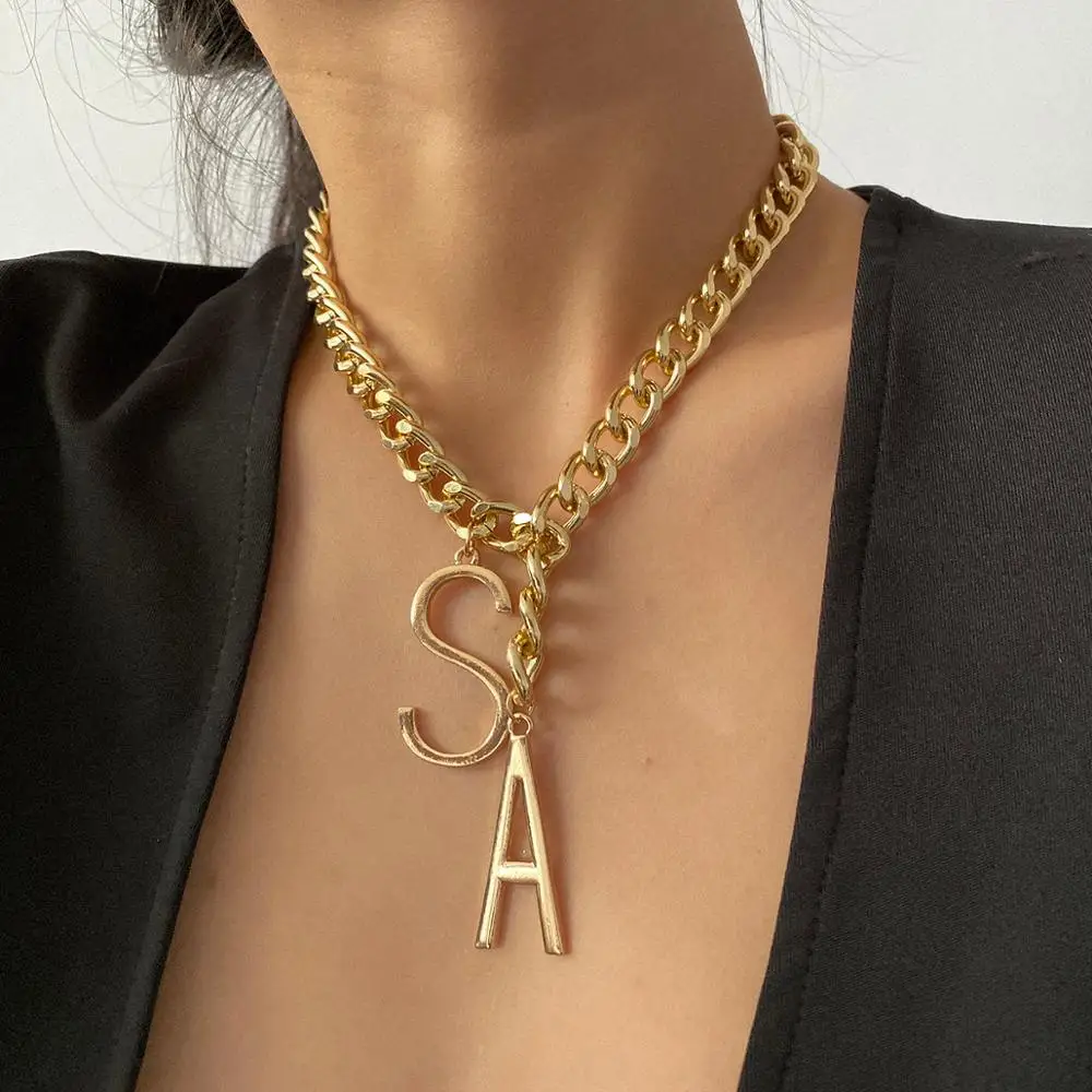 

SHIXIN Trendy Personalised Name Big Letters S A Pendant Necklace Cuban Link Women Jewelry Night Party Couple Chain, Silver,gold