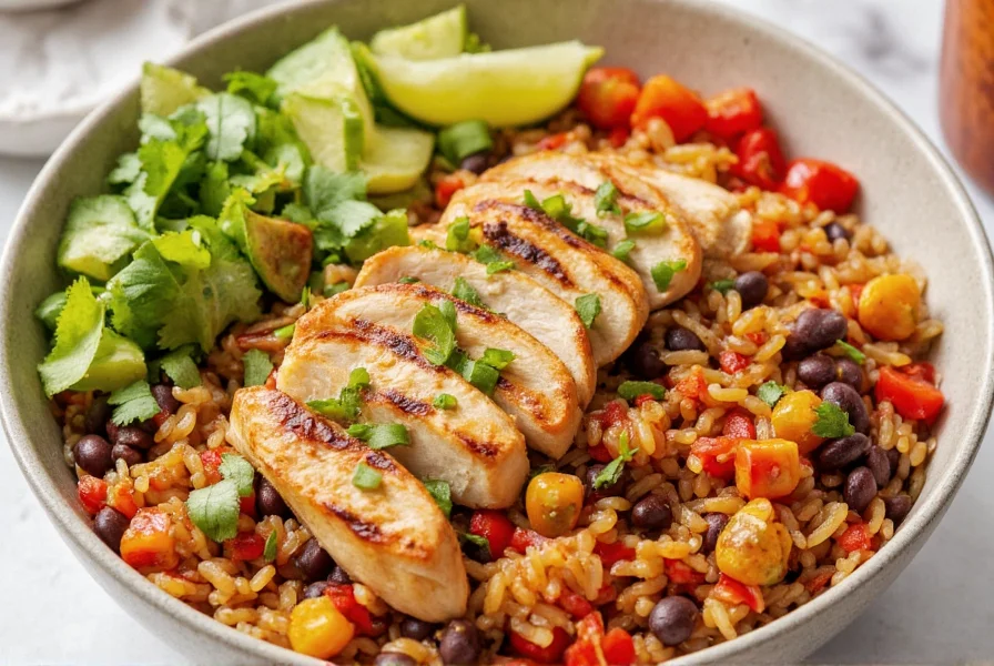 Chipotle chili lime rice served in a bowl with grilled chicken, black beans, and fresh vegetables as part of a complete meal