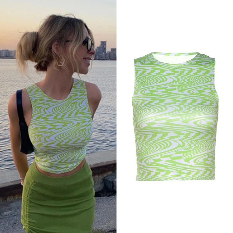 

Wholesale Clothing 2021 Summer Sleeveless Green Print O-Neck T Shirt Sexy Slim Crop Women Tank Top, Green & brown