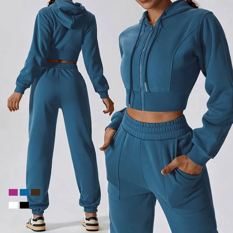 

Women Winter Clothes Fitness Full Zip Cropped Top with Hood Loose Straight Leg Jogger Pants Fleece Hoodie Sweatpants Set