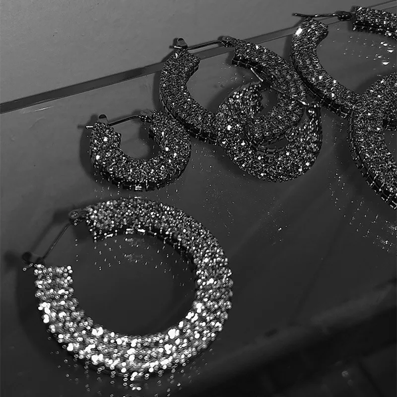 

Luxury Geometric Full Paved Diamond Hoop Earrings 925 Silver Needle Rhinestone Crystal Circle Earrings