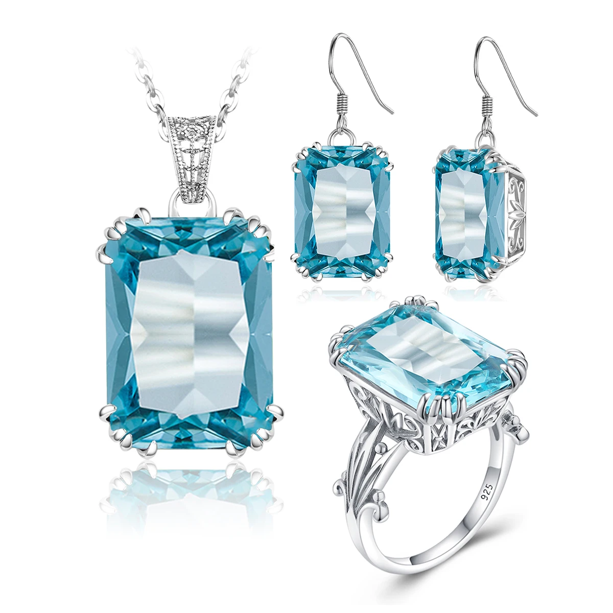 

Victorian Aquamarine Square blue Stone Fine Filigree 925 Sterling Silver Jewelry Women Luxury Jewelry Set