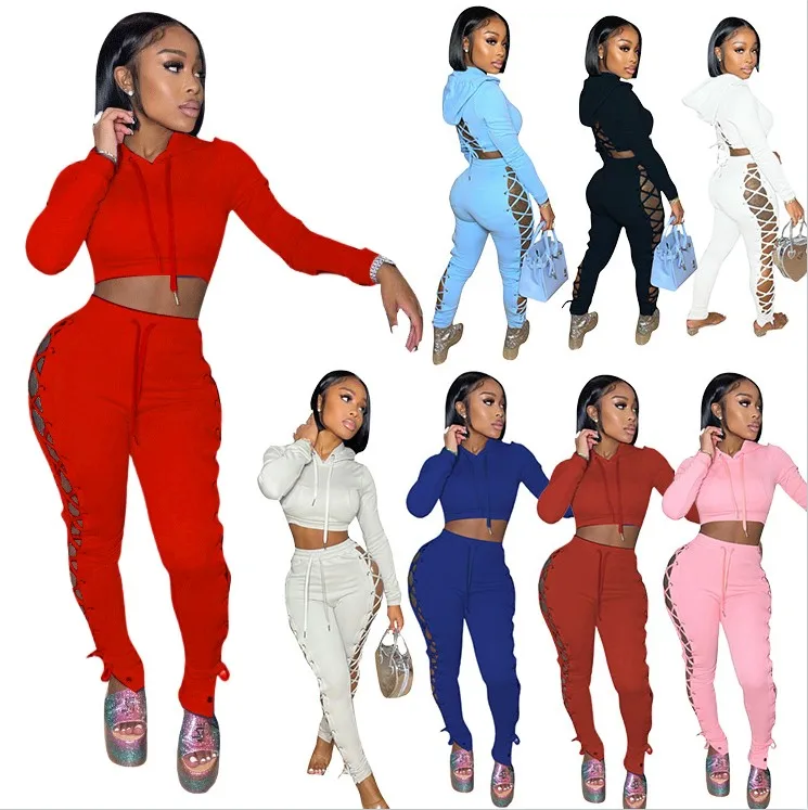 

New Arrival 2021 Fall Two Piece Set Women Clothing 2 Piece Set For Women Autumn Solid Crop Top Two Piece Pants Set, 4 color
