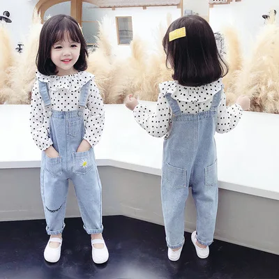 

New Boutique spring autumn toddler Girls 2 pcs overalls clothing set long sleeve dots blouse + denim overalls Clothing Sets, Picture shows