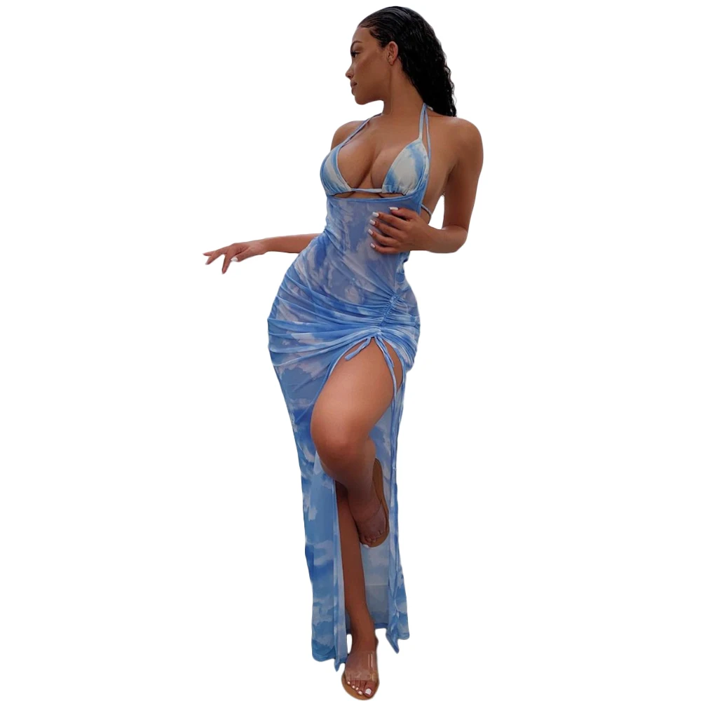 

swimwear high waist mesh skirt blue print beach sexy bikini 3 piece swimsuit Cover Up dresses bathing set for woman