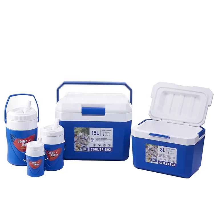 

Factory Wholesale Five Piece Set Cooler Box PP Plastic 2 Ice Buckets 3 Kettles Portable Water Jug Cooler Box