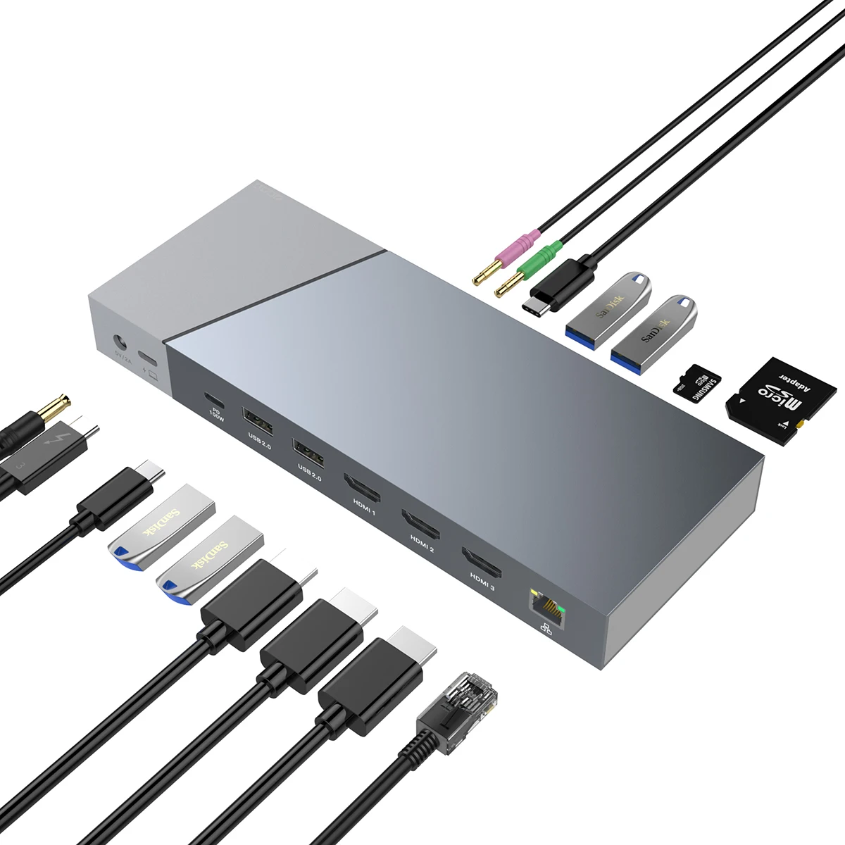 

Aluminum Alloy 16 Port USB 3.0 triple HDMI 4K 100W Type C PD RJ45 Multifunction 16 in 1 Laptop Adapter USB C Hub Docking Station