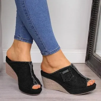 

Women Sandals New Female Shoes Woman Summer Wedge Comfortable Ladies Slip-on Flat Sandalias Denim Platform Wedges High Heel