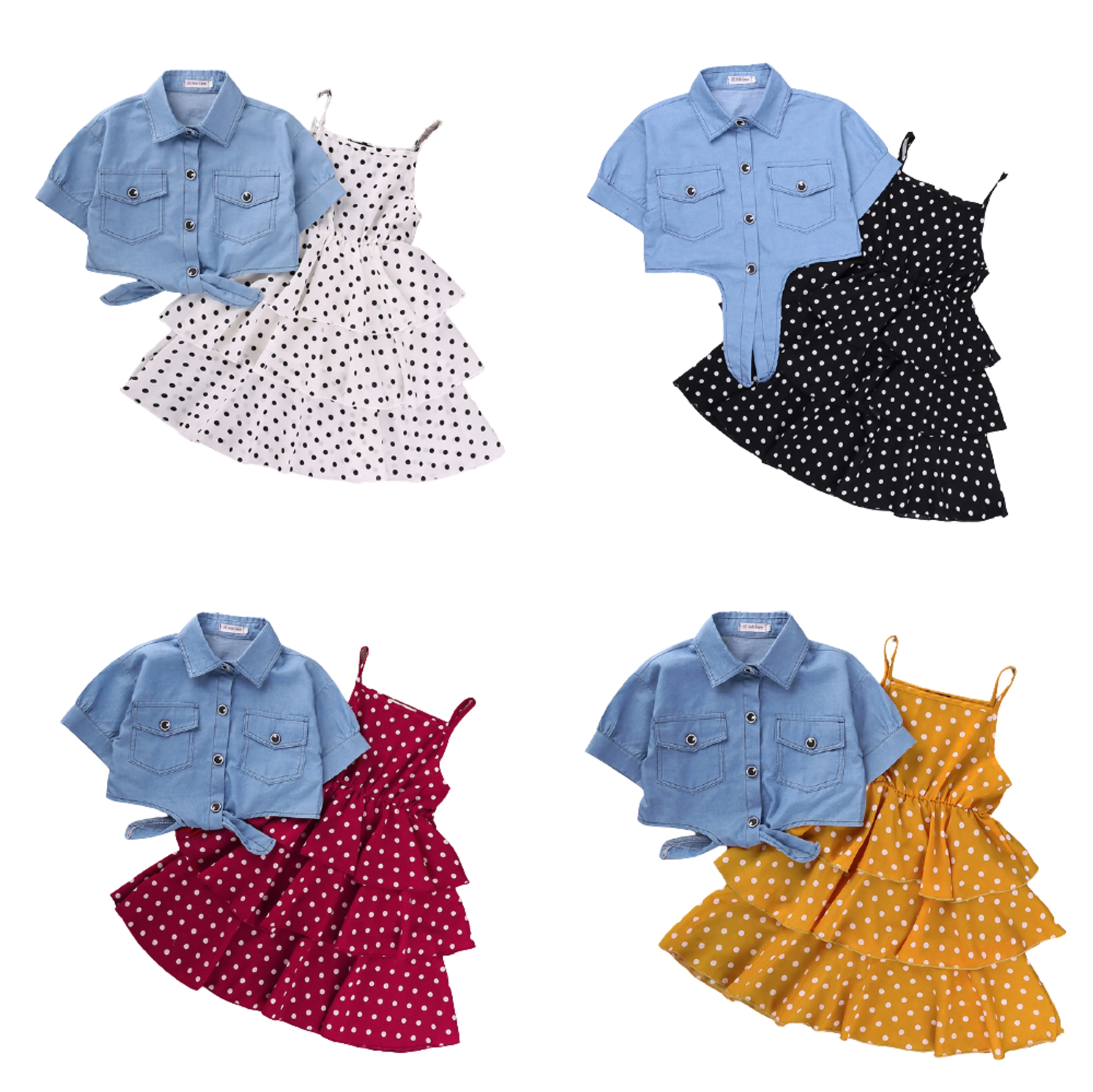 

2020 AliExpress summer new kids autumn denim solid color cotton jacket western polka dot skirt suit girls clothing set