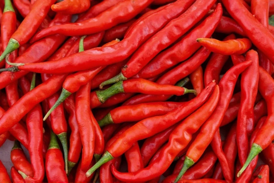 Close-up view of dried cayenne peppers hanging in sunlight showing vibrant red color and slender shape