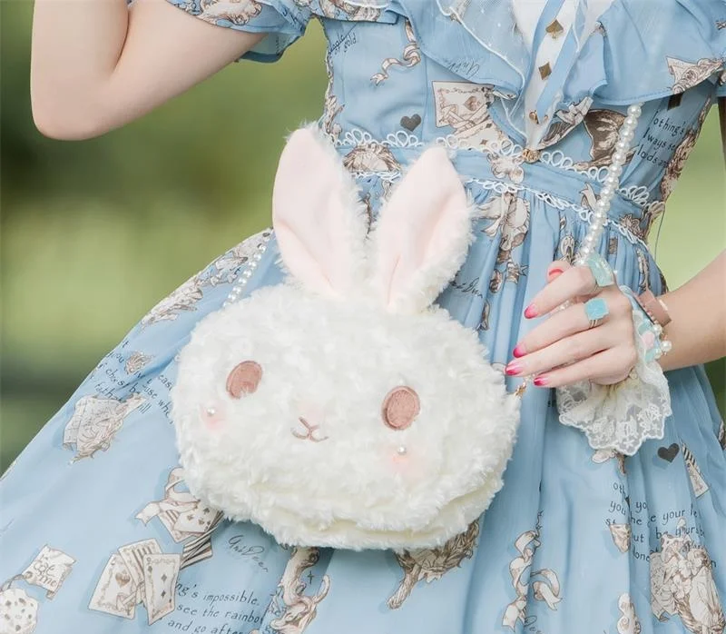 

Rabbit bag cute plush doll pearl chain messenger handbag, White
