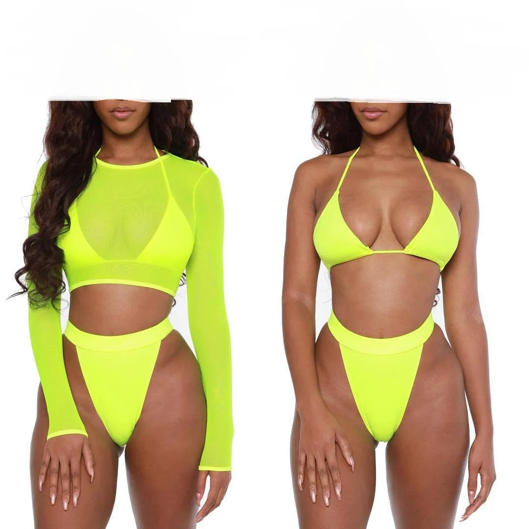 

New Sexy Mesh Sheer Swimwear Women Summer Push-up Bikini Set Fashion Sexy Solid Swimsuit Long Sleeve 3Pcs Swimming Costume, Can be customized