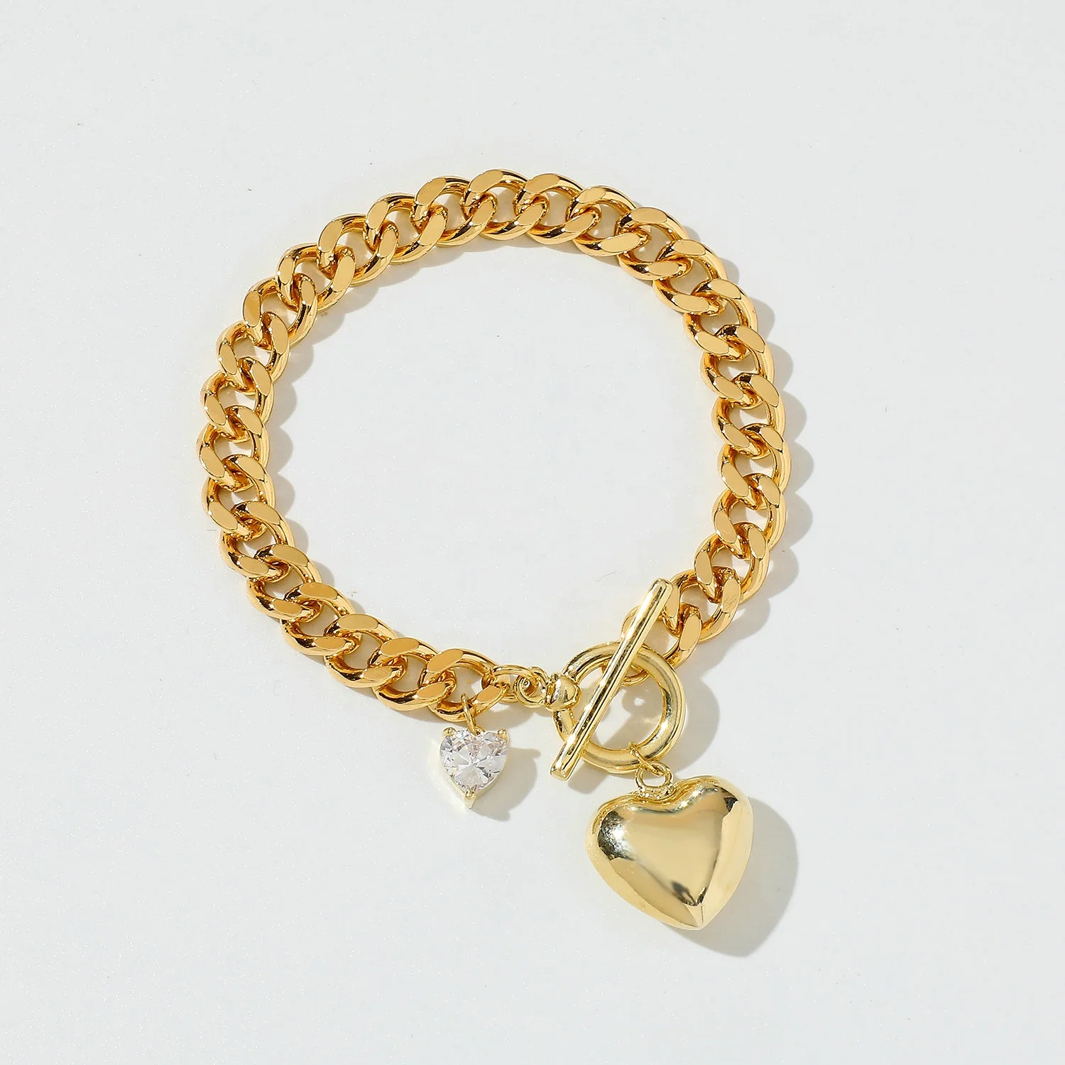 

14K Real Gold Plated Miani Cuban Chain Bracelet Heart Zircon Charm Smooth Heart Pendant Bangle Bracelets