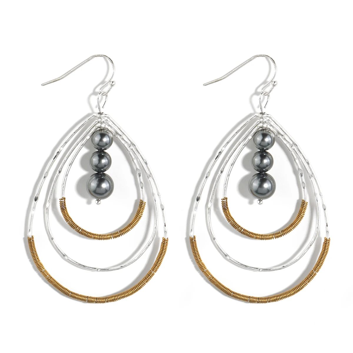 

2023 Fashion 3 Layers Silver Plated Wire Twisted Earrings Black Pearl Water Drop Dangle Earrings For Women