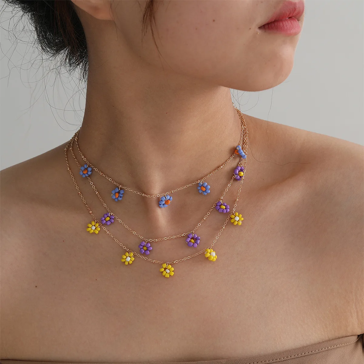 

New Trend Metal Thin Link Chain Flower Choker Necklace Multicolor Bead Flower Necklace, Picture color