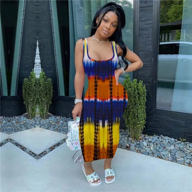 

MISSMOEN Newest Design 2021 Low-cut Stripe Tie Dye Stylish Long Sexy Summer Women Dresses