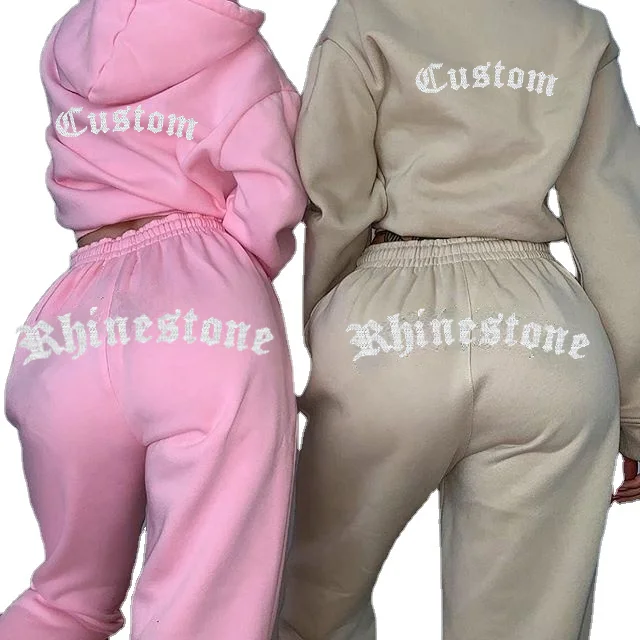 

2021 Hot Sale Custom Logo Tracksuits Diamond Track Pants Joggers And Hoodies For Women Tracksuit Set Rhinestone Sweatsuit, Customized color