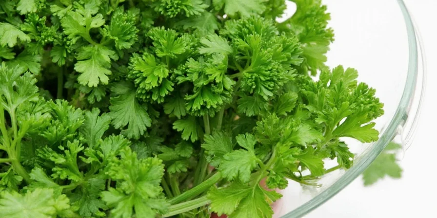 Well-stocked and organized spice rack with parsley in focus.