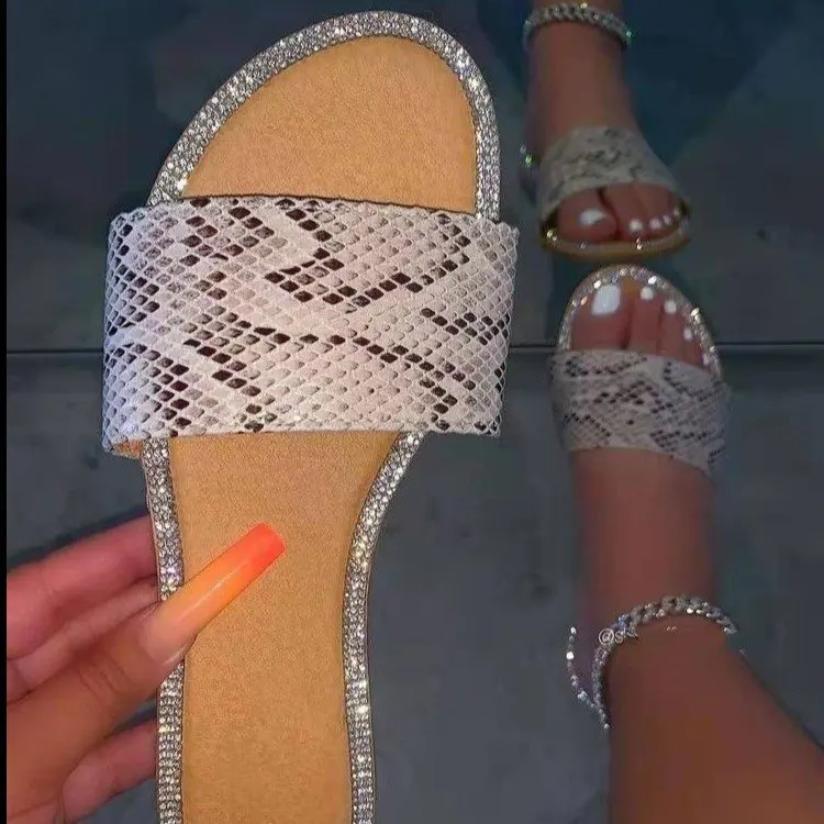 

2022 plus size women's shoes rhinestone sole leopard print slip-on slippers ladies slip-on snake print sandals