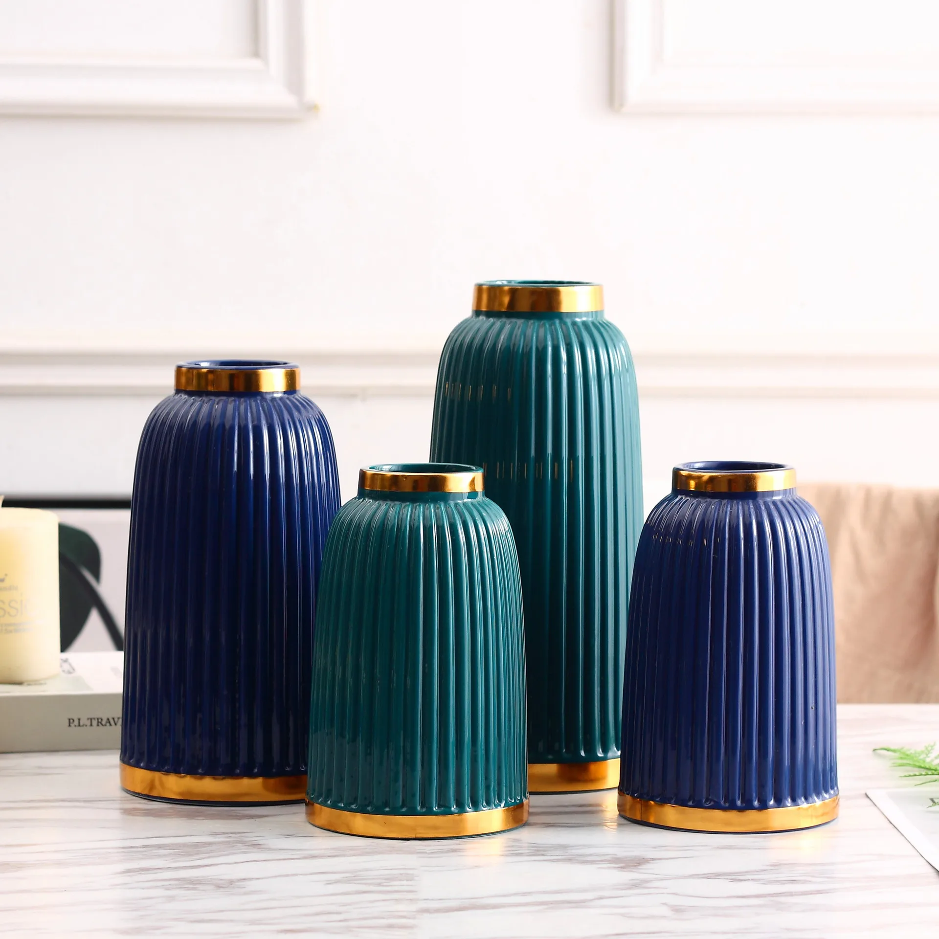 

Simple Modern Luxury White Navy Blue Flower Vase Ceramic Vase Three-piece Home Decoration Room Decoration, As photo