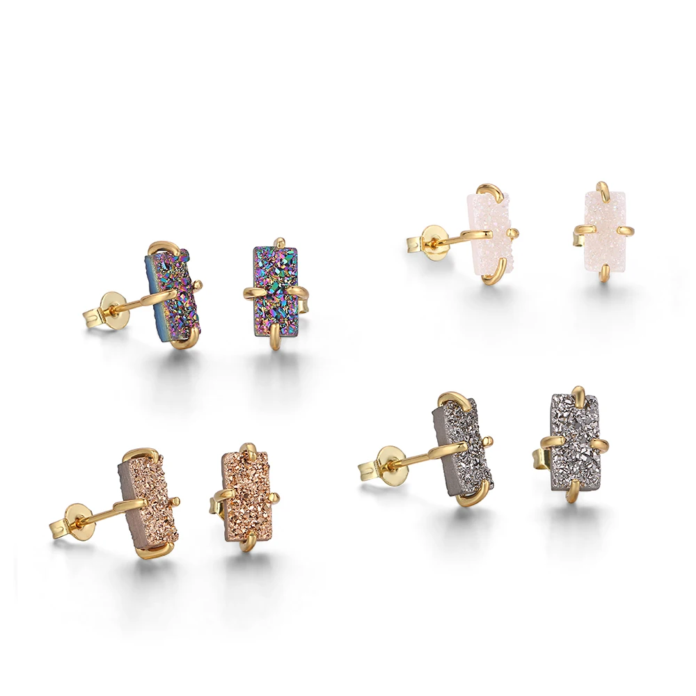 

fashion 925 silver setting crafts jewelry natural druzy stone rectangle butterfly back stud crystal earrings for women, 4 colors to choose