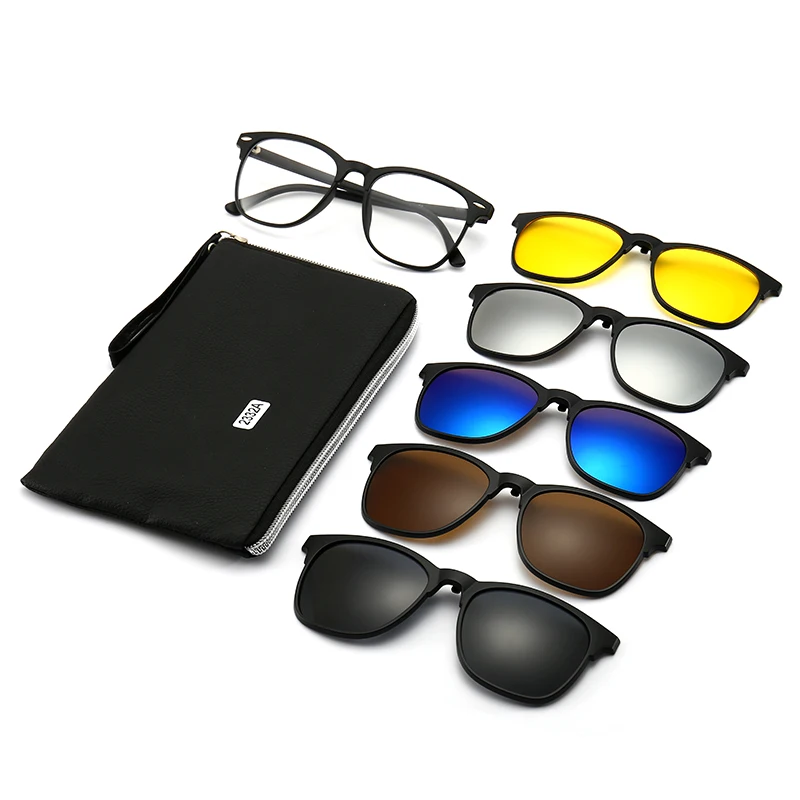 

ZONGSHI 5 in 1 Clip On Sunglasses Men Sunglasses Myopia Optical Frame Prescription Glasses TR90 Polarized, 5colors