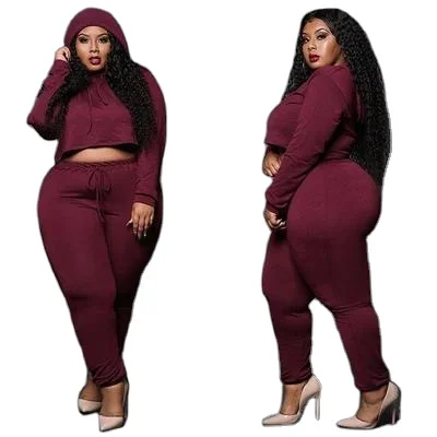 

Plus Size 2 Piece Crop Top Hoodie Set Women, Burgundy