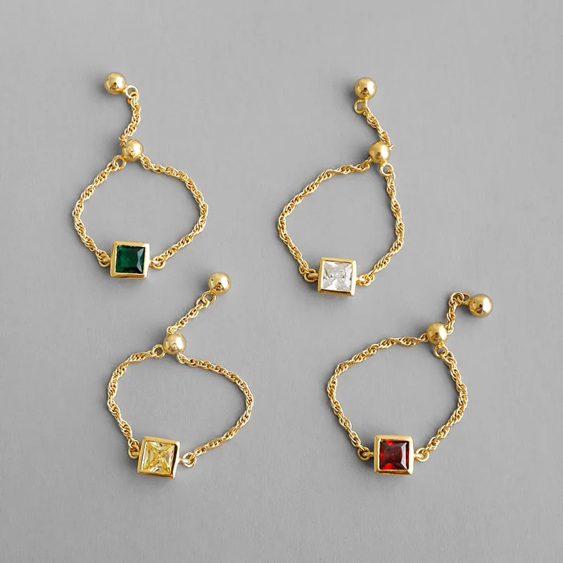 

Wholesale S925 Sterling Silver Square White Yellow Red Zircon Chain Ring, White/yellow/red/green
