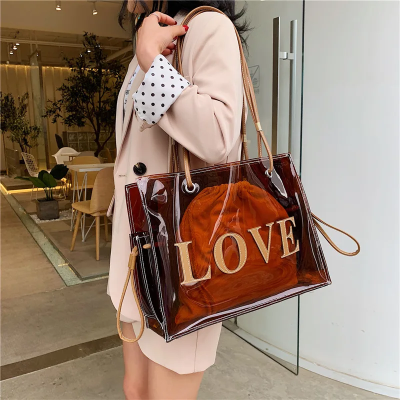 

2021 summer new 2pcs/set women pvc handbag fashion versatile large capacity Tote transparent bag ladies purse, As picture