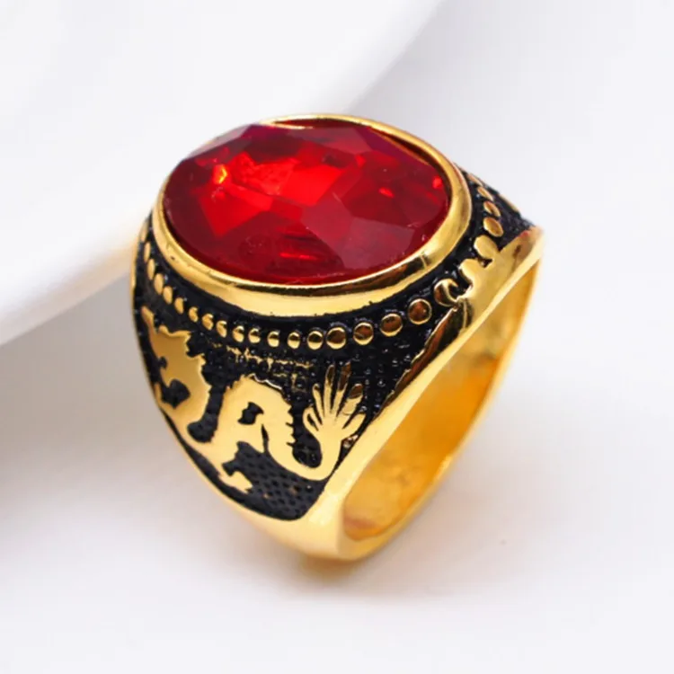 

Vintage Men Gold Rings with Red Stone Special Pattern Jewelry Accessories Wholesale