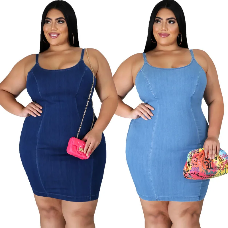 

2021 new arrival summer solid color women denim slip dress 2 colors plus size women dress