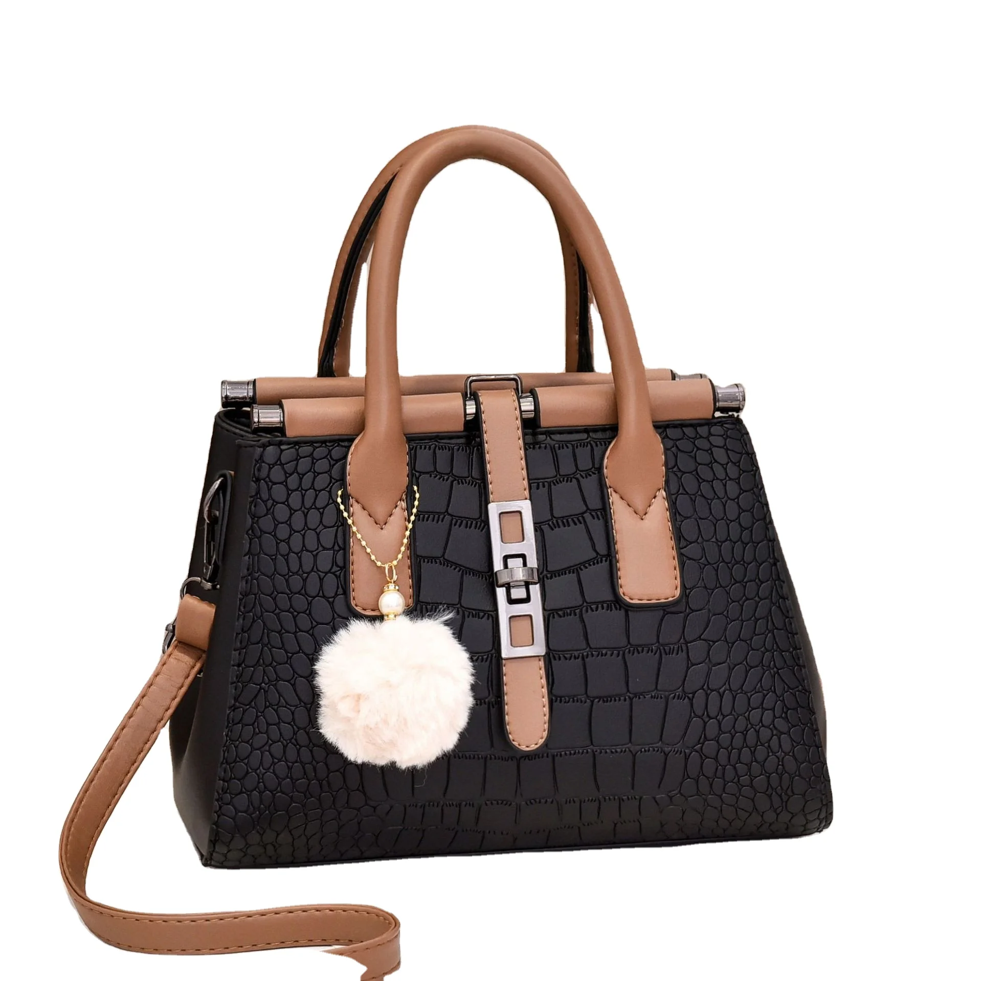 

2021 New crocodile pattern large handbag elegant fashion large capacity Women's bag pu fur ball portable shoulder bag, Customizable