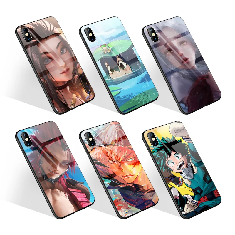 

My Hero Academia Asui Tsuyu Cute Designs Tempered Glass Case for iPhone 11 12 XS Hard Glossy Phone Cases for iPhone XR, Black