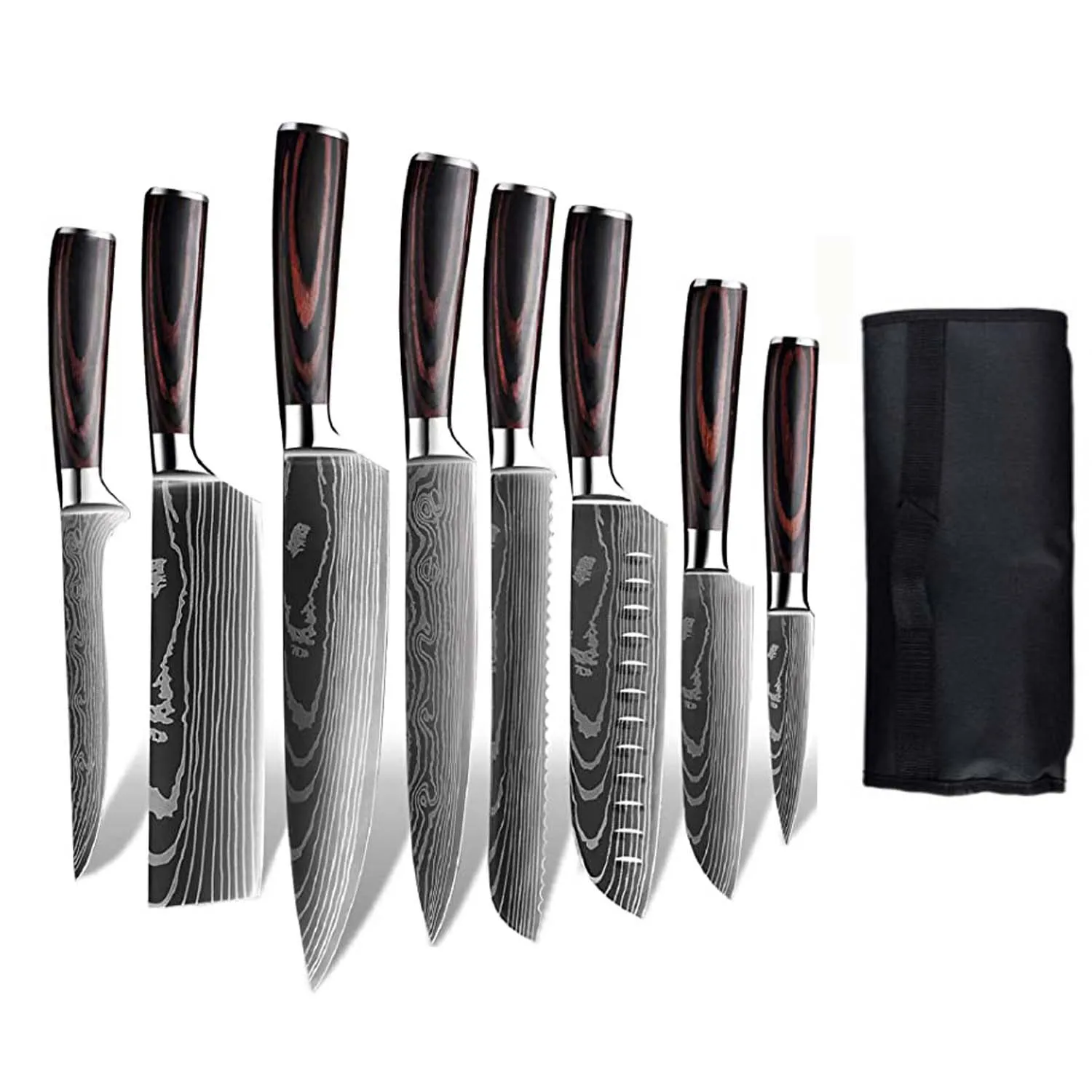 

Amazon hot bag package damascus pattern high quality kitchen knife set of 8pcs with plastic sheath, Brown