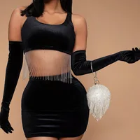 

Autumn Ladies Sexy Tassel Tanks Crop Tube Tops With Gloves & Hip Package Mini Skirts Women Party Club 2 PCs Set