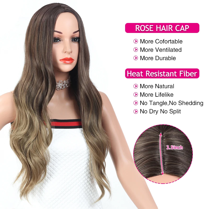 

Long Peruvian Body Wave Wigs Ombre Black Brown Blonde Synthetic Wig Cosplay Middle Part Natural Heat Resistant Wig for Women