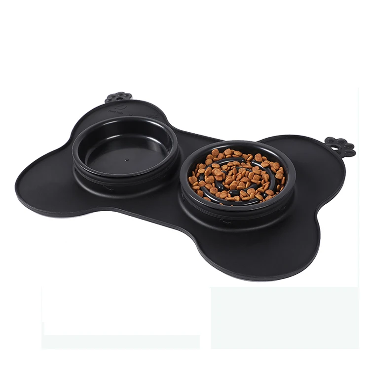

3 in 1 Double Dog Food Bowl with No-Spill Non Skid Silicone Mat Pet Slow Feeder, Black, grey