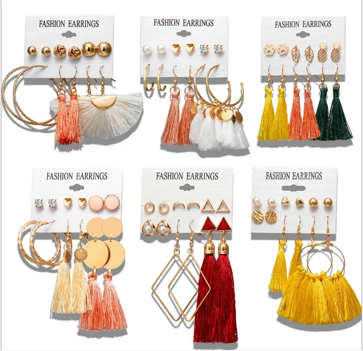 

Long Tassel Stud Bohemian Geometric earring sets for women, Red
