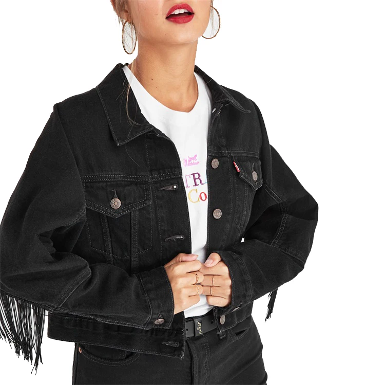 

2021 Hot sale custom designs fashion oversized black washed denim jacket fringe black denim jacket for women, Customized color