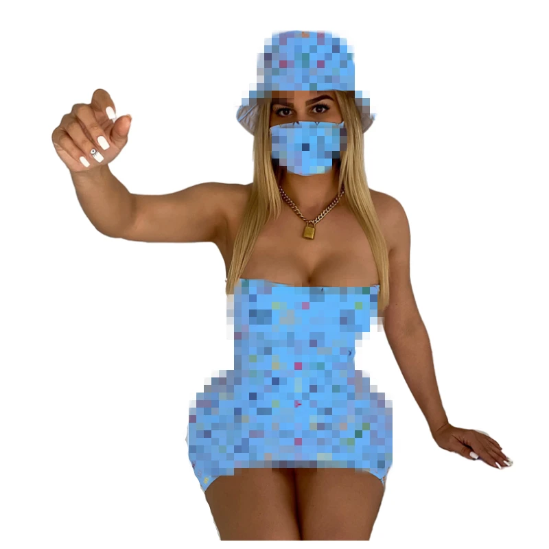 

New Fashion Womans Skirt and Hat with Mask 3 piece outfit Sexy Print Dress Suit, Shown